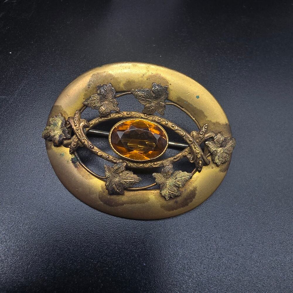 Antique Sash Pin Brooch Gold Tone Faux Citrine Art Nouveau